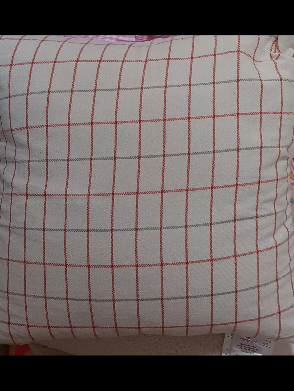 2 Cream Checkered Throw Pillow with Red and Gray Grid